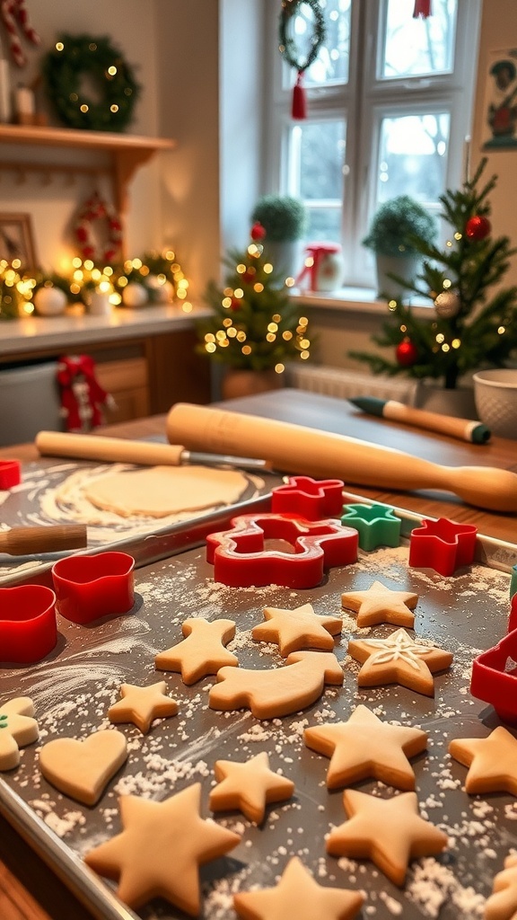 A festive kitchen with Christmas decorations, cookie dough, and freshly baked cookies on a wooden table.